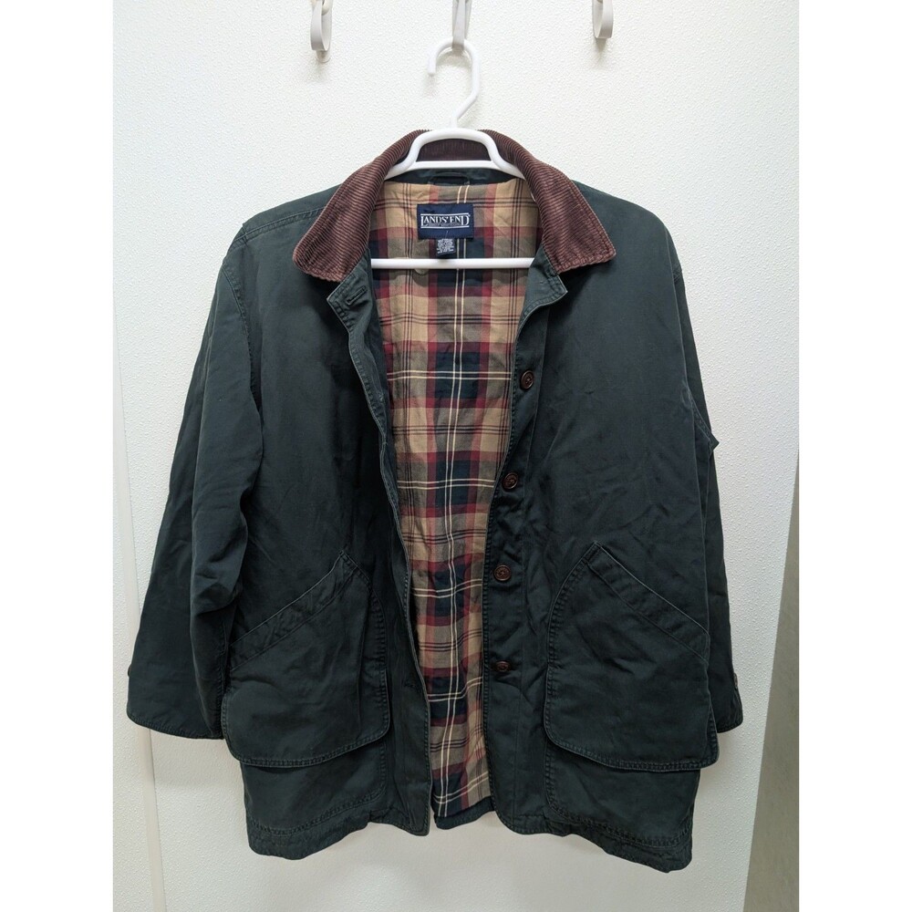 Vtg Lands End XL Navy Green Barn Chore Field Coat Jacket Plaid Lined Corduroy